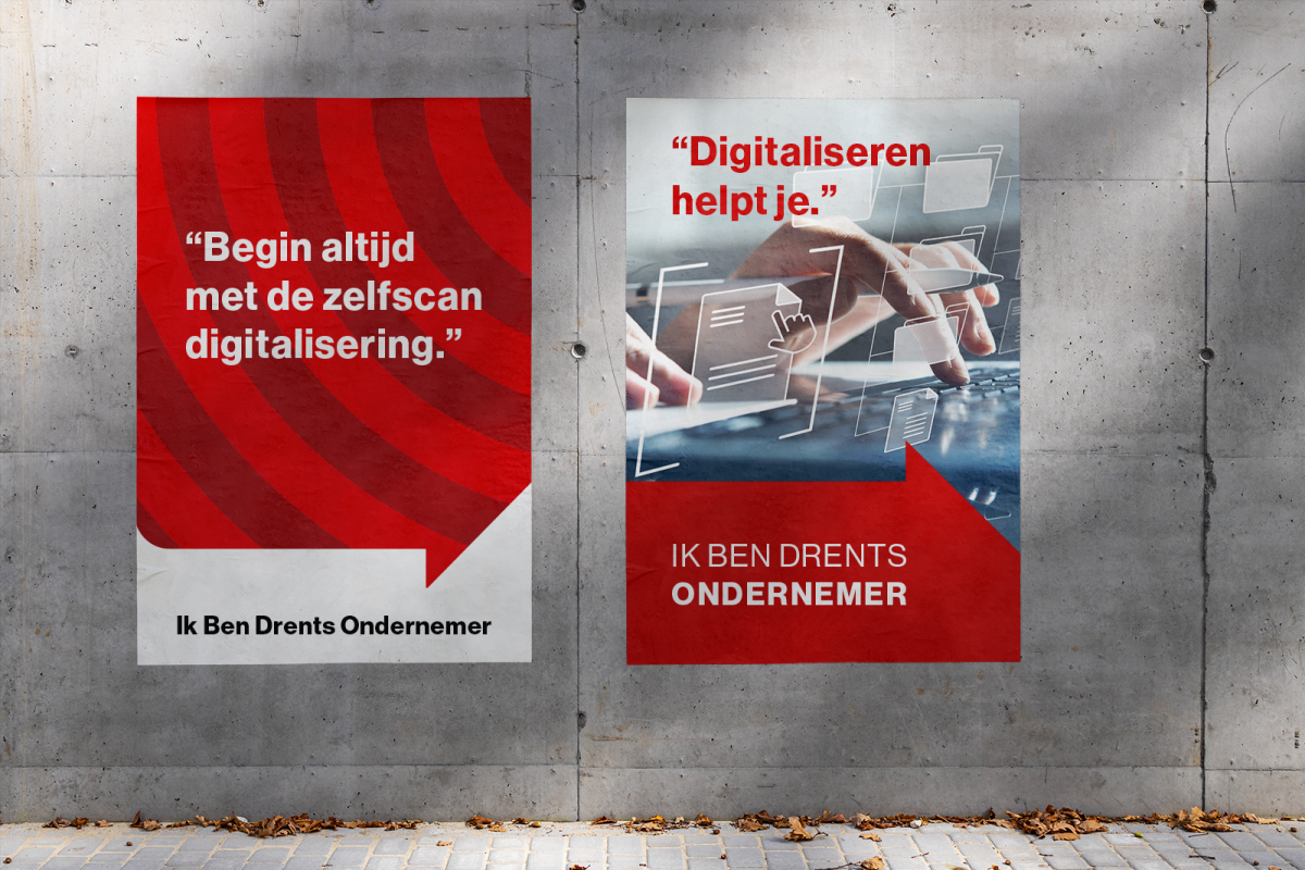 poster ''begin altijd met de zelfscan digitalisering'' ''digitaliseren helpt je'' van Ik Ben Drents ondernemer