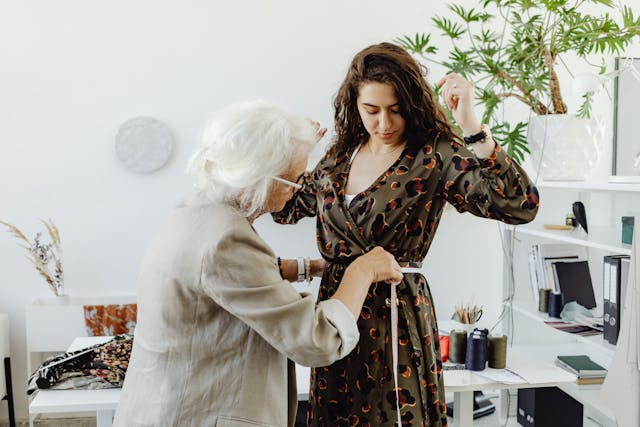 Vrouw meet heupmaat van andere vrouw